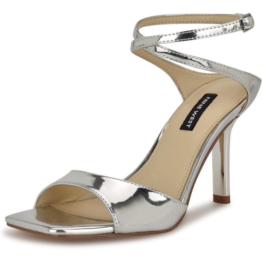 Nine West Women Silver Mirror Metallic Faux Leather Open Squared Toe Heel Sandal